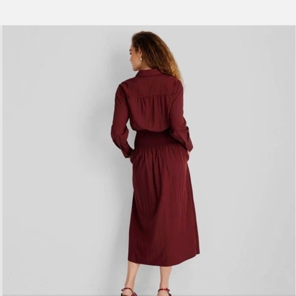 🍵 Future Collective Collared Long Sleeve Smocked Midi Shirtdress • Burgundy - Picture 2 of 4